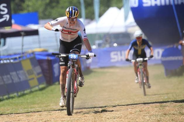 22nd June 2025, Val di Sole, Trentino, Italy; UCI Mountain Bike World Cup, Day 3; Laura Stigger (AUT) and Jenny RISSVEDS (SWE) come to the finish line  ActionPlus12804127 PierrexTeyssot