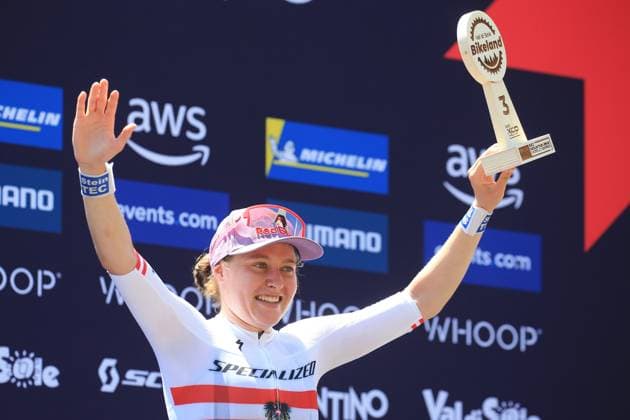 22nd June 2025, Val di Sole, Trentino, Italy; UCI Mountain Bike World Cup, Day 3; Laura Stigger (AUT) on the podium in 3rd place in womens u-23  ActionPlus12804128 PierrexTeyssot