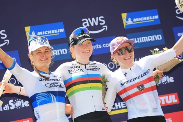 22nd June 2025, Val di Sole, Trentino, Italy; UCI Mountain Bike World Cup, Day 3; Samara Maxwell (NZL), Puck Pieterse (NED) and Laura Stigger (AUT) celebrate on the womens u-23 podium  ActionPlus12804129 PierrexTeyssot