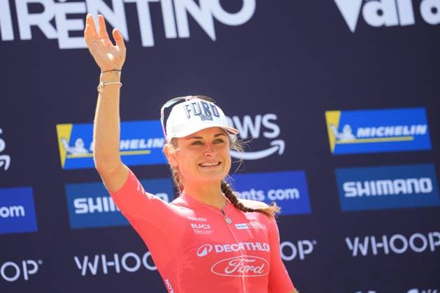 22nd June 2025, Val di Sole, Trentino, Italy; UCI Mountain Bike World Cup, Day 3; Samara Maxwell (NZL) celebrates on the podium  ActionPlus12804131 PierrexTeyssot
