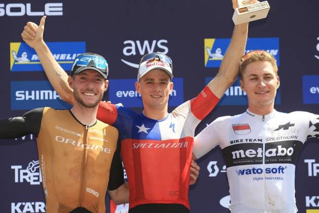 UCI MTB World Cup - XCO Pierre Teyssot MAXPPP ; UCI MTB World Cup - XCO. Commezzadura, Italy on June 22, 2025. Cross-Country Olympic Race, Men, Mathis Azzaro (FRA), Martin VIDAURRE KOSSMANN (CHI), Fabio Puntener (SUI) Pierre Teyssot Maxppp Commezzadura Trentino Italy  Copyright: xMAXPPPxPierrexTeyssotx PT1_5718 PT1_5718