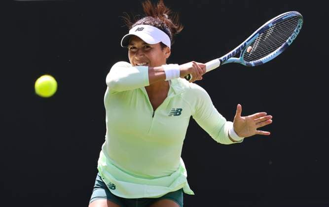 22nd June 2025; Devonshire Park, Eastbourne, East Sussex, England: Lexus International Eastbourne, Qualifying Day 2; Heather Watson (GBR) plays a forehand against Kamilla Rakhimova  ActionPlus12804140 HongboxChen