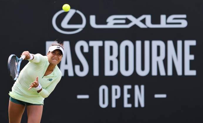 22nd June 2025; Devonshire Park, Eastbourne, East Sussex, England: Lexus International Eastbourne, Qualifying Day 2; Heather Watson (GBR) serves to Kamilla Rakhimova  ActionPlus12804143 HongboxChen