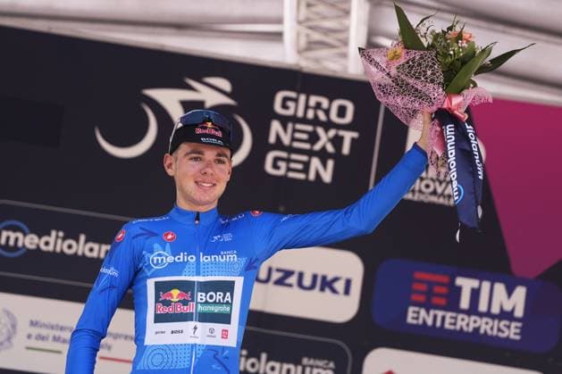 Lorenzo Mark Finn (Red Bull - Bora - Hansgrohe Rookies) Blue Jersey during the stage 8 of the Giro Next Gen 2025, from Pinerolo (To) to Pinerolo (To), 147 km, Italy - Sunday, June 22, 2025. - cycling.  Copyright: xFabioxFerrari LaPressex