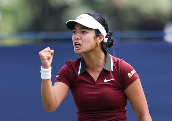 22nd June 2025; Devonshire Park, Eastbourne, East Sussex, England: Lexus International Eastbourne, Qualifying Day 2; Alexandra Eala (PHI) reacts in the match against Hailey Baptiste (USA)  ActionPlus12804206 HongboxChen