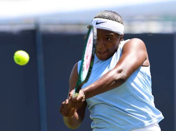 22nd June 2025; Devonshire Park, Eastbourne, East Sussex, England: Lexus International Eastbourne, Qualifying Day 2; Hailey Baptiste (USA) plays a forehand shot against Alexandra Eala (PHI)  ActionPlus12804208 HongboxChen