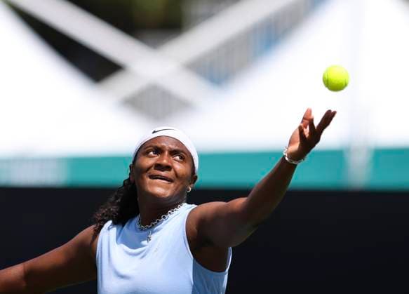 22nd June 2025; Devonshire Park, Eastbourne, East Sussex, England: Lexus International Eastbourne, Qualifying Day 2; Hailey Baptiste (USA) serves to Alexandra Eala (PHI)  ActionPlus12804209 HongboxChen