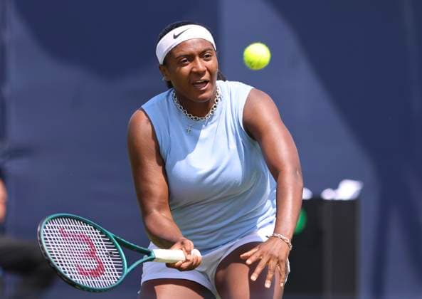 22nd June 2025; Devonshire Park, Eastbourne, East Sussex, England: Lexus International Eastbourne, Qualifying Day 2; Hailey Baptiste (USA) plays a forehand shot against Alexandra Eala (PHI)  ActionPlus12804210 HongboxChen