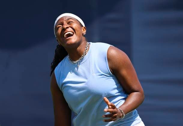 22nd June 2025; Devonshire Park, Eastbourne, East Sussex, England: Lexus International Eastbourne, Qualifying Day 2; Hailey Baptiste (USA) reacts in the match against Alexandra Eala (PHI)  ActionPlus12804215 HongboxChen