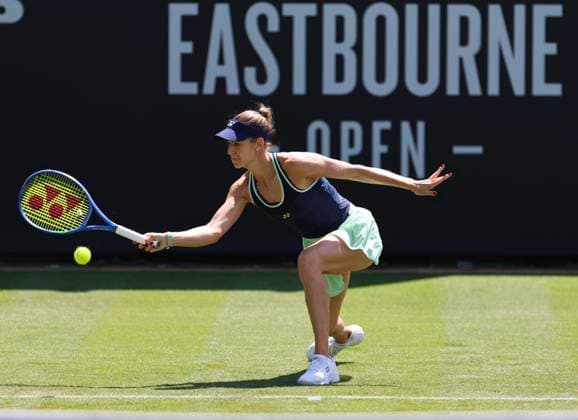 22nd June 2025; Devonshire Park, Eastbourne, East Sussex, England: Lexus International Eastbourne, Qualifying Day 2; Anna Bondar (HUN) plays a forehand shot against Kimberly Birrell (AUS)  ActionPlus12804219 HongboxChen