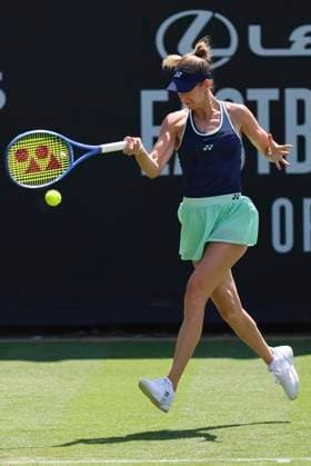 22nd June 2025; Devonshire Park, Eastbourne, East Sussex, England: Lexus International Eastbourne, Qualifying Day 2; Anna Bondar (HUN) plays a forehand shot against Kimberly Birrell (AUS)  ActionPlus12804222 HongboxChen
