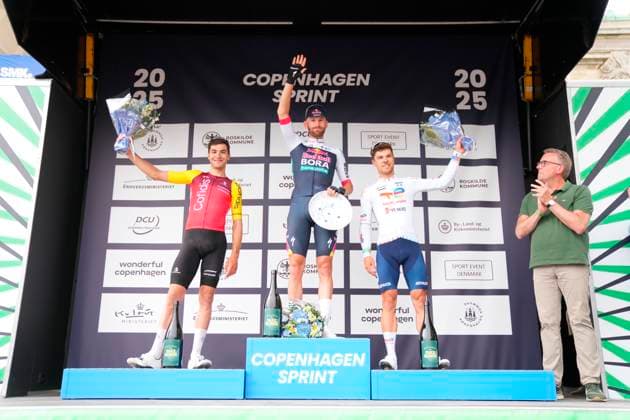 Cycling World Tour Race Copenhagen Sprint Jordi Meeus of Belgium, center, with second place Alexis Renard, left, and Emilien Jeanniere, right, after winning The men s World Tour race Copenhagen Sprint from Roskilde to Copenhagen, Denmark, Sunday June 22, 2025 Photo Ida Marie Odgaard Scanpix 2025 , Roskilde Copenhagen Denmark  Copyright: IdaxMariexOdgaardx spdk20250622-162959-L
