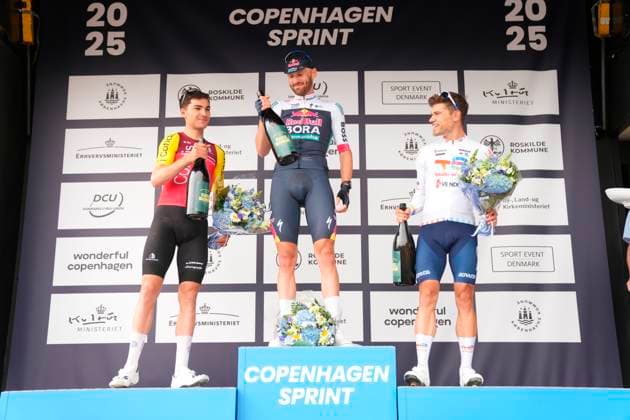 Cycling World Tour Race Copenhagen Sprint Jordi Meeus of Belgium, center, with second place Alexis Renard, left, and Emilien Jeanniere, right, after winning The men s World Tour race Copenhagen Sprint from Roskilde to Copenhagen, Denmark, Sunday June 22, 2025 Photo Ida Marie Odgaard Scanpix 2025 , Roskilde Copenhagen Denmark  Copyright: IdaxMariexOdgaardx spdk20250622-163015-L
