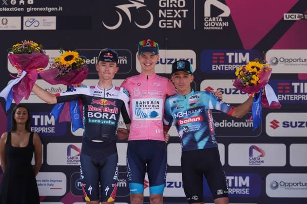 1 - Jakob Omrzel (Bahrain Victorious Development Team) 2 - Luke Tuckwell (Red Bull - Bora - Hansgrohe Rookies) a 12 3 - Pavel Novak (MBH Bank Ballan CSB) a 35 during the stage 8 of the Giro Next Gen 2025, from Pinerolo (To) to Pinerolo (To), 147 km, Italy - Sunday, June 22, 2025. - cycling.  Copyright: xGianxMattiaxD Alberto LaPressex