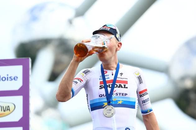 Belgian Tim Merlier of Soudal Quick-Step celebrates on the podium after winning stage 5, the last stage of the Baloise Belgium Tour cycling race, from and to Brussels (183,2 km), Sunday 22 June 2025. The Baloise Belgium Tour takes place from 18 to 22 June. DAVIDxPINTENS  x127571562x