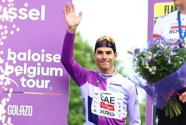 Italian Filippo Baroncini of UAE Team Emirates pictured on the podium after stage 5, the last stage of the Baloise Belgium Tour cycling race, from and to Brussels (183,2 km), Sunday 22 June 2025. The Baloise Belgium Tour takes place from 18 to 22 June. DAVIDxPINTENS  x127572627x