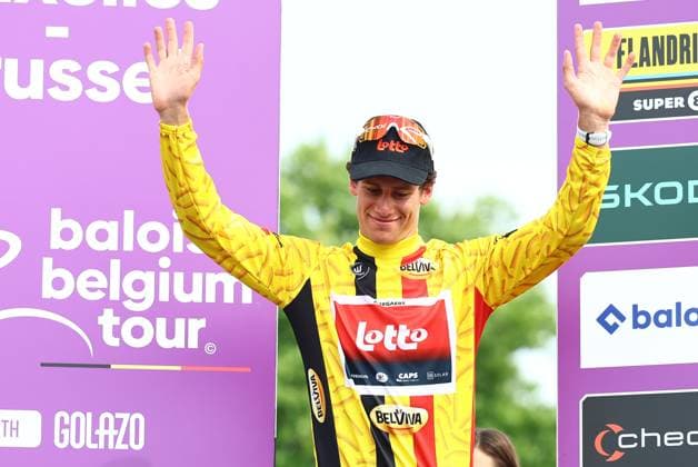 Belgian Alec Segaert of Lotto Cycling Team pictured on the podium after stage 5, the last stage of the Baloise Belgium Tour cycling race, from and to Brussels (183,2 km), Sunday 22 June 2025. The Baloise Belgium Tour takes place from 18 to 22 June. DAVIDxPINTENS  x127572629x