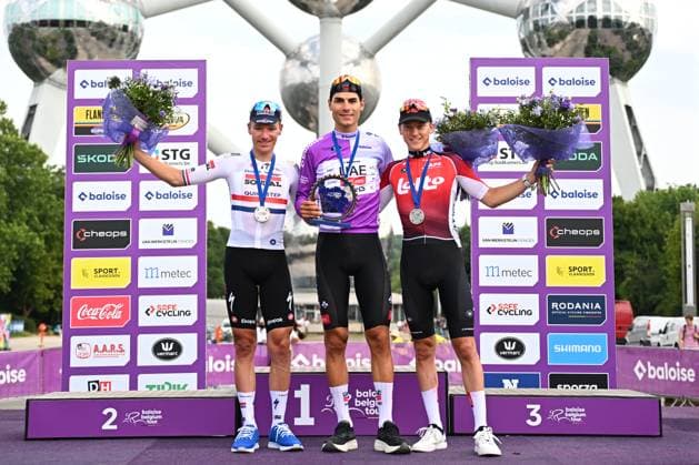 Baloise Belgium Tour 2025 Stage 5 BRUSSEL, BELGIUM - JUNE 22 : Baroncini Filippo (ITA) of UAE Team Emirates - XRG, Berckmoes Jenno (BEL) of Lotto Cycling Team, Hayter Ethan (GBR) of Soudal - Quick Step on the podium during stage 5 of the 94th edition of Baloise Tour of Belgium an UCI ProSeries 2.Pro cycling road race stage for Men Elite of 183.2 km with start in Brussel and finish in Brussel on June 22, 2025 in Brussel, Belgium, 22 06 2025 ( Motordriver Guy De Vuyst - Brussel Belgium  Copyright: xTomasxSiskx