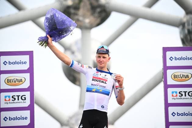 Baloise Belgium Tour 2025 Stage 5 BRUSSEL, BELGIUM - JUNE 22 : Merlier Tim (BEL) of Soudal - Quick Step on the podium during stage 5 of the 94th edition of Baloise Tour of Belgium an UCI ProSeries 2.Pro cycling road race stage for Men Elite of 183.2 km with start in Brussel and finish in Brussel on June 22, 2025 in Brussel, Belgium, 22 06 2025 ( Motordriver Guy De Vuyst - Brussel Belgium  Copyright: xTomasxSiskx