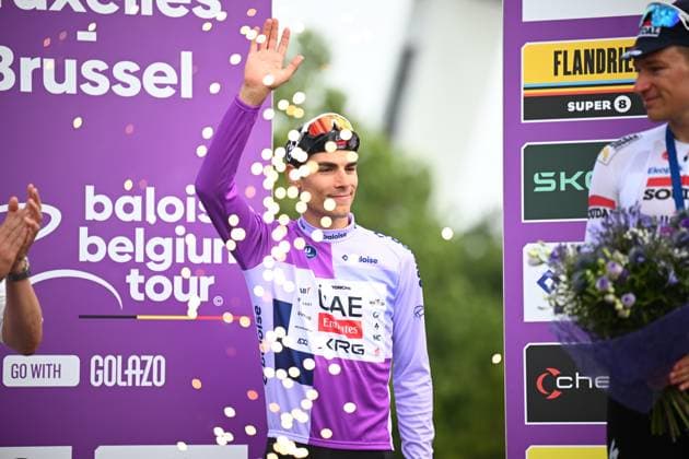 Baloise Belgium Tour 2025 Stage 5 BRUSSEL, BELGIUM - JUNE 22 : Baroncini Filippo (ITA) of UAE Team Emirates - XRG on the podium during stage 5 of the 94th edition of Baloise Tour of Belgium an UCI ProSeries 2.Pro cycling road race stage for Men Elite of 183.2 km with start in Brussel and finish in Brussel on June 22, 2025 in Brussel, Belgium, 22 06 2025 ( Motordriver Guy De Vuyst - Brussel Belgium  Copyright: xTomasxSiskx