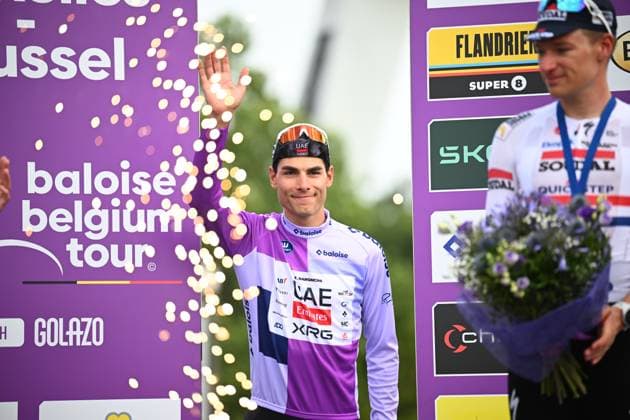 Baloise Belgium Tour 2025 Stage 5 BRUSSEL, BELGIUM - JUNE 22 : Baroncini Filippo (ITA) of UAE Team Emirates - XRG on the podium during stage 5 of the 94th edition of Baloise Tour of Belgium an UCI ProSeries 2.Pro cycling road race stage for Men Elite of 183.2 km with start in Brussel and finish in Brussel on June 22, 2025 in Brussel, Belgium, 22 06 2025 ( Motordriver Guy De Vuyst - Brussel Belgium  Copyright: xTomasxSiskx