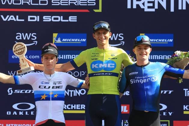 UCI MTB World Cup - XCO Pierre Teyssot MAXPPP ; UCI MTB World Cup - XCO. Commezzadura, Italy on June 22, 2025. Cross-Country Olympic Race, Men Under 23, Finn Treudler (SUI), Rens Teunissen Van Manen (NED), Benjamin Kruger (GER) Pierre Teyssot Maxppp Commezzadura Trentino Italy  Copyright: xMAXPPPxPierrexTeyssotx PT1_5831 PT1_5831