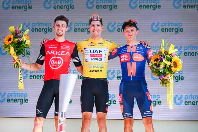 Tour de Suisse 2025 Stage 8 EMMETTEN STOCKHUTTE, SWITZERLAND - JUNE 22 : Vauquelin Kevin (FRA) of Arkea - B&B Hotels, Almeida Joao (POR) of UAE Team Emirates - XRG, Onley Oscar (GBR) of Team Picnic PostNL on the podium during stage 8 of the 88th edition of Tour de Suisse an UCI World Tour 2.UWT Individual Time Trial stage for Men Elite of 10.1 km with start in Beckenried and finish in Emmetten Stockhutte on June 22, 2025 in Emmetten Stockhutte, Switzerland, 22 06 2025 ( Motordriver Kenny Verfaillie - Emmetten Stockhutte Switzerland  Copyright: xVincentxKalutx