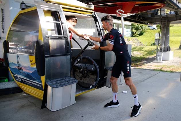 TDS 8 stage Julian Alaphilippe FRA Team Tudor Cycling 22 06 2025 Emmetten, SWITZERLAND, Men Tour de Suisse 8 stage Beckenried Stockhuette Julian Alaphilippe FRA Team Tudor comes out of the gondola lift after the race