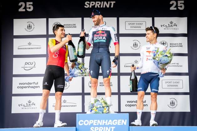 Cycling World Tour Race Copenhagen Sprint Winner Jordi Meeus Red Bull Bora Hansgrohe , Alexis Renard Cofidis and Emilien Jeanniere Totalenergies on the podium after the men s World Tour race Copenhagen from Roskilde to Copenhagen on Sunday, June 22, 2025 Photo Ida Marie Odgaard Ritzau Scanpix , Copenhagen Denmark  Copyright: RitzauxScanpix IdaxMariexOdgaardx spdk20250622-175137-L