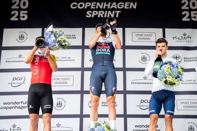 Cycling World Tour Race Copenhagen Sprint Winner Jordi Meeus Red Bull Bora Hansgrohe , Alexis Renard Cofidis and Emilien Jeanniere Totalenergies on the podium after the men s World Tour race Copenhagen from Roskilde to Copenhagen on Sunday, June 22, 2025 Photo Ida Marie Odgaard Ritzau Scanpix , Copenhagen Denmark  Copyright: RitzauxScanpix IdaxMariexOdgaardx spdk20250622-175146-L