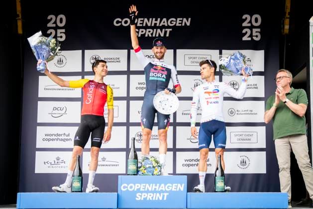 Cycling World Tour Race Copenhagen Sprint Winner Jordi Meeus Red Bull Bora Hansgrohe , Alexis Renard Cofidis and Emilien Jeanniere Totalenergies on the podium after the men s World Tour race Copenhagen from Roskilde to Copenhagen on Sunday, June 22, 2025 Photo Ida Marie Odgaard Ritzau Scanpix , Copenhagen Denmark  Copyright: RitzauxScanpix IdaxMariexOdgaardx spdk20250622-175156-L