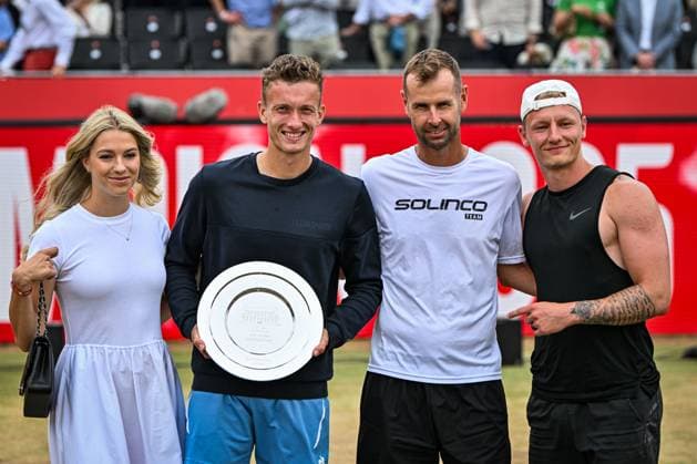 22nd June 2025; HSBC Championships, Queens Club, West Kensington, London, England: HSBC Mens Championships Queens Club, Day 7; Jiri Lehecka (CZE) poses for photos with his partner and coaches after losing the final against Carlos Alcaraz (ESP)  ActionPlus12804261 GodfreyxPitt