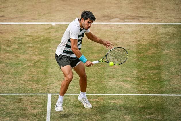 22nd June 2025; HSBC Championships, Queens Club, West Kensington, London, England: HSBC Mens Championships Queens Club, Day 7; Carlos Alcaraz (ESP) hits a volley in the final against Jiri Lehecka (CZE)  ActionPlus12804247 GodfreyxPitt