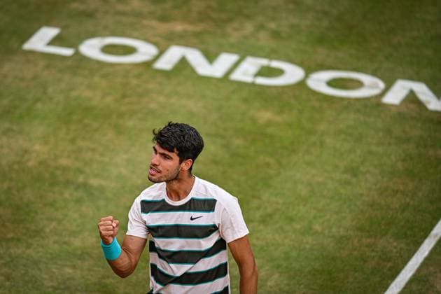 22nd June 2025; HSBC Championships, Queens Club, West Kensington, London, England: HSBC Mens Championships Queens Club, Day 7; Carlos Alcaraz (ESP) celebrates winning a point in the final against Jiri Lehecka (CZE)  ActionPlus12804248 GodfreyxPitt