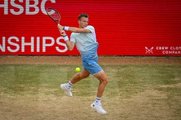 22nd June 2025; HSBC Championships, Queens Club, West Kensington, London, England: HSBC Mens Championships Queens Club, Day 7; Jiri Lehecka (CZE) hits a backhand in the final against Carlos Alcaraz (ESP)  ActionPlus12804249 GodfreyxPitt