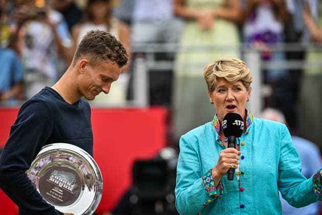 22nd June 2025; HSBC Championships, Queens Club, West Kensington, London, England: HSBC Mens Championships Queens Club, Day 7; Jiri Lehecka (CZE) holds the runner-up plate and is interviewed by Clare Balding for the BBC after losing in the final to Carlos Alcaraz (ESP)  ActionPlus12804279 GodfreyxPitt