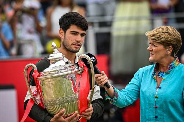 22nd June 2025; HSBC Championships, Queens Club, West Kensington, London, England: HSBC Mens Championships Queens Club, Day 7; Carlos Alcaraz (ESP) is interviewed by Clare Balding for the BBC after winning the final against Jiri Lehecka (CZE)  ActionPlus12804282 GodfreyxPitt