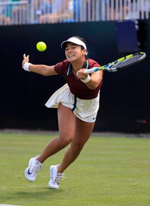 22nd June 2025; Devonshire Park, Eastbourne, East Sussex, England: Lexus International Eastbourne, Qualifying Day 2; Alexandra Eala (PHI) plays a forehand shot against Hailey Baptiste (USA)  ActionPlus12804310 HongboxChen