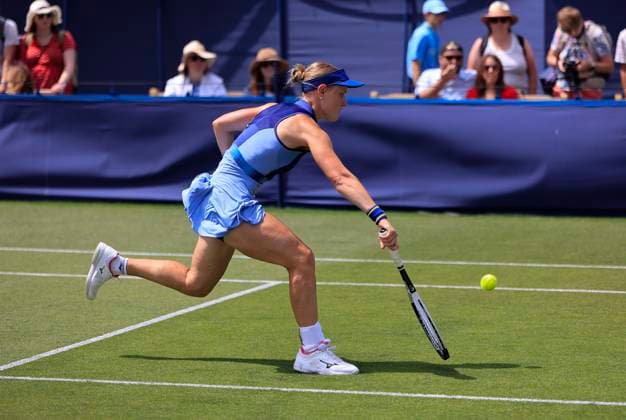 22nd June 2025; Devonshire Park, Eastbourne, East Sussex, England: Lexus International Eastbourne, Qualifying Day 2; Suzan Lamens (NEO) plays a backhand shot against Elisabetta Cocciaretto (ITA)  ActionPlus12804294 HongboxChen