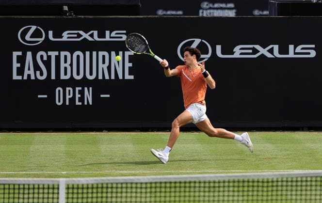 22nd June 2025; Devonshire Park, Eastbourne, East Sussex, England: Lexus International Eastbourne, Qualifying Day 2; George Loffhagen (GBR) plays a forehand shot against Billy Harris (GBR)  ActionPlus12804318 HongboxChen