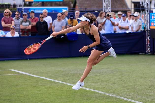 22nd June 2025; Devonshire Park, Eastbourne, East Sussex, England: Lexus International Eastbourne, Qualifying Day 2; Varvara Gracheva (FRA) serves to Viktorija Golubic (SUI)  ActionPlus12804323 HongboxChen