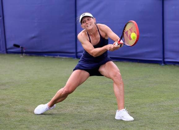 22nd June 2025; Devonshire Park, Eastbourne, East Sussex, England: Lexus International Eastbourne, Qualifying Day 2; Varvara Gracheva (FRA) plays a backhand shot against Viktorija Golubic (SUI)  ActionPlus12804325 HongboxChen