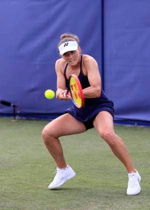 22nd June 2025; Devonshire Park, Eastbourne, East Sussex, England: Lexus International Eastbourne, Qualifying Day 2; Varvara Gracheva (FRA) plays a backhand shot against Viktorija Golubic (SUI)  ActionPlus12804326 HongboxChen