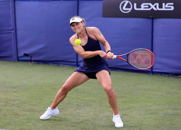 22nd June 2025; Devonshire Park, Eastbourne, East Sussex, England: Lexus International Eastbourne, Qualifying Day 2; Varvara Gracheva (FRA) plays a backhand shot against Viktorija Golubic (SUI)  ActionPlus12804328 HongboxChen