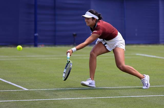 22nd June 2025; Devonshire Park, Eastbourne, East Sussex, England: Lexus International Eastbourne, Qualifying Day 2; Alexandra Eala (PHI) plays a forehand shot against Hailey Baptiste (USA)  ActionPlus12804305 HongboxChen