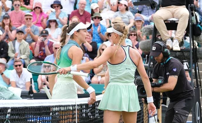 22nd June 2025; Lexus Nottingham Tennis Centre, Nottingham, England; Lexus Nottingham Open, Day 7; Dayana Yastremska congratulates McCartney Kessler after the womens singles final win, McCartney Kessler won Dayana Yastremska 6-4 7-5  ActionPlus12804356 PaulxBonser