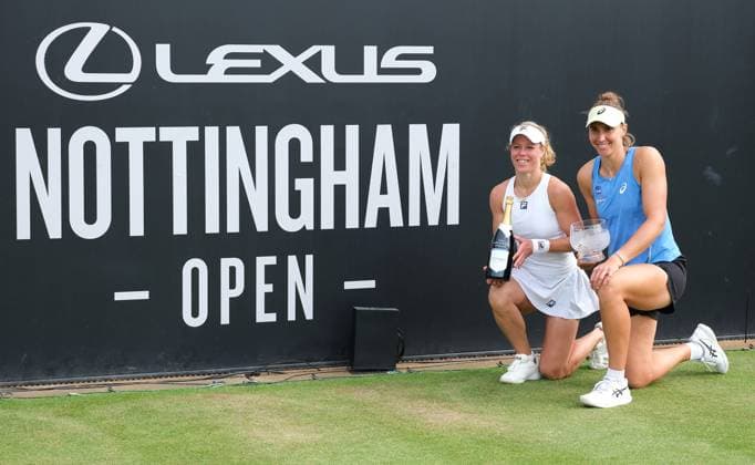 22nd June 2025; Lexus Nottingham Tennis Centre, Nottingham, England; Lexus Nottingham Open, Day 7; Nottingham open womens doubles winners Beatriz Haddad Maia and Laura Siegemund with their trophies, Beatriz Haddad Maia and Laura Siegemund won Anna Danilina and Ena Shibahara 6-3 6-2  ActionPlus12804371 PaulxBonser
