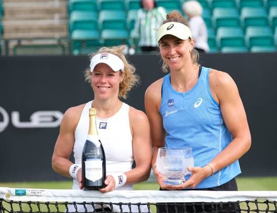 22nd June 2025; Lexus Nottingham Tennis Centre, Nottingham, England; Lexus Nottingham Open, Day 7; Nottingham open womens doubles winners Beatriz Haddad Maia and Laura Siegemund with their trophies, Beatriz Haddad Maia and Laura Siegemund won Anna Danilina and Ena Shibahara 6-3 6-2  ActionPlus12804373 PaulxBonser