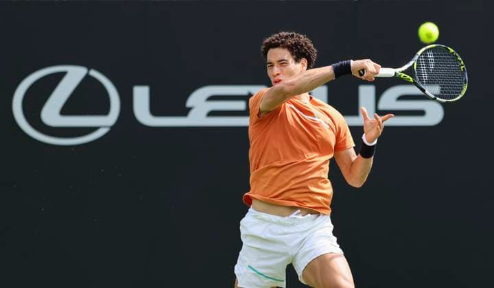 22nd June 2025; Devonshire Park, Eastbourne, East Sussex, England: Lexus International Eastbourne, Qualifying Day 2; George Loffhagen (GBR) plays a forehand shot against Billy Harris (GBR)  ActionPlus12804448 HongboxChen