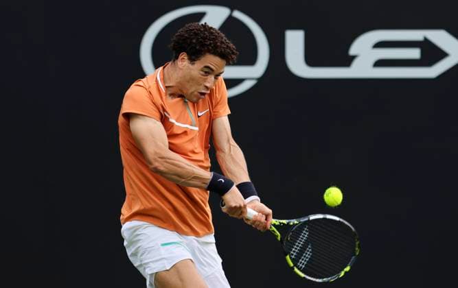 22nd June 2025; Devonshire Park, Eastbourne, East Sussex, England: Lexus International Eastbourne, Qualifying Day 2; George Loffhagen (GBR) plays a backhand shot against Billy Harris (GBR)  ActionPlus12804451 HongboxChen
